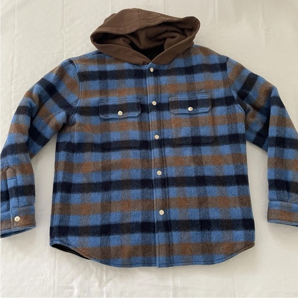 AMIRI Hooded Plaid Overshirt Men LARGE Jacket Blue Brown Quilted Logo Back Italy